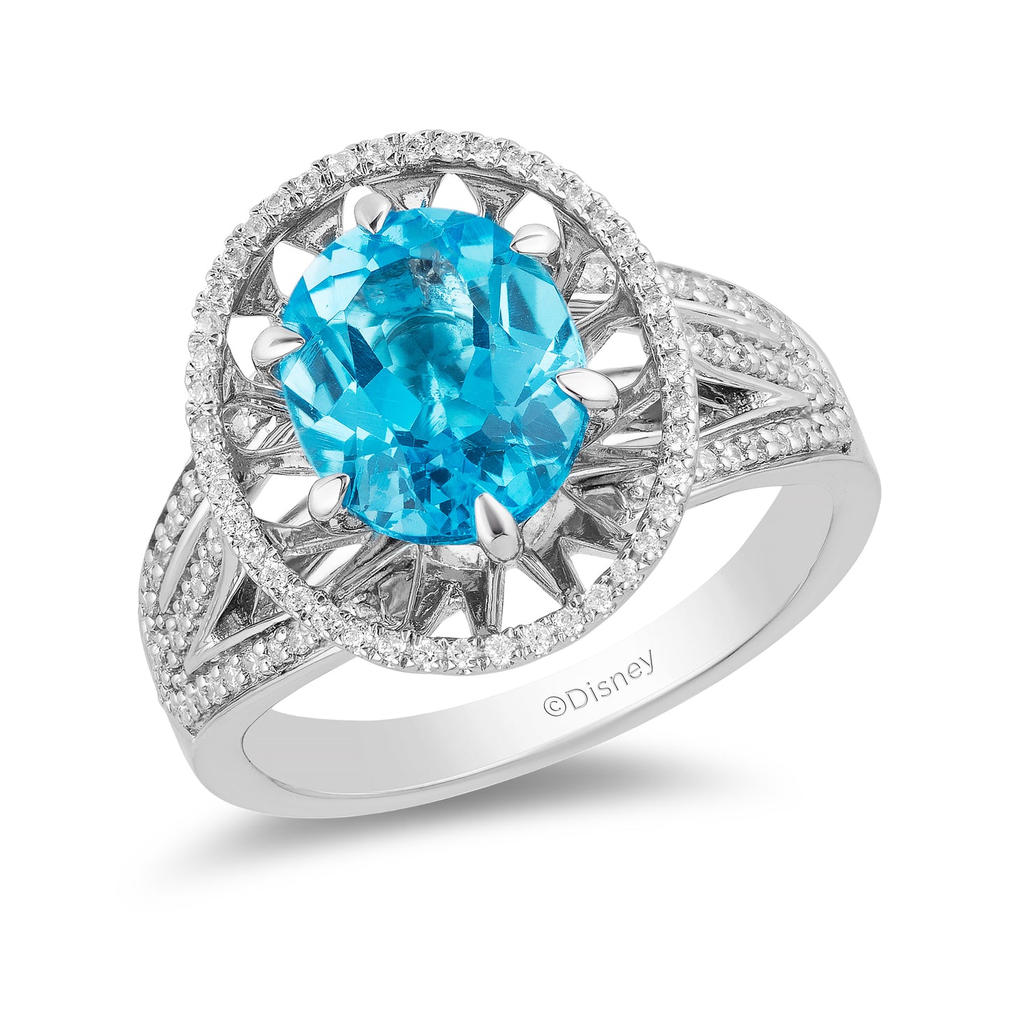 Enchanted Disney Fine Jewelry Sterling Silver with 1/4 CTTW Diamonds and Swiss Blue Topaz Jasmine Ring