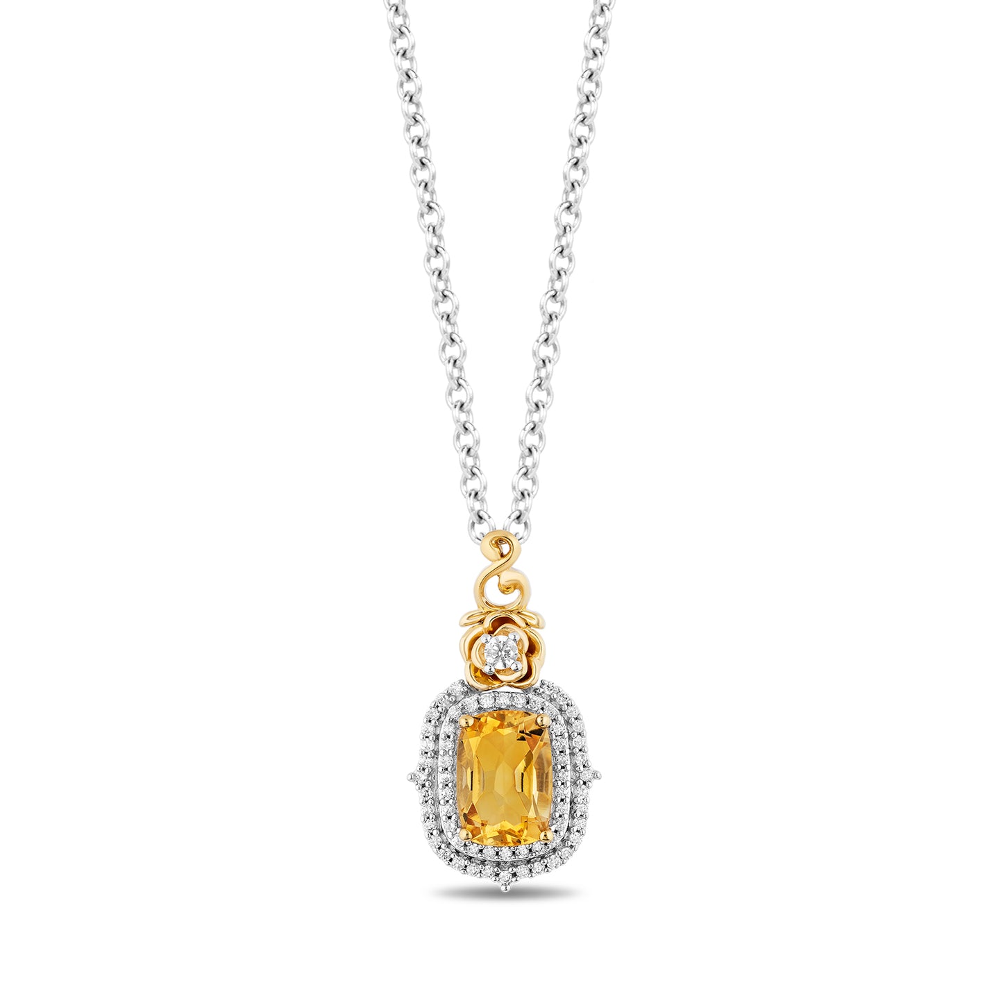 Enchanted Disney Fine Jewelry 14K Yellow Gold Over Sterling Silver with 1/6 CTTW Diamond and Citrine, Disney's Belle Necklace