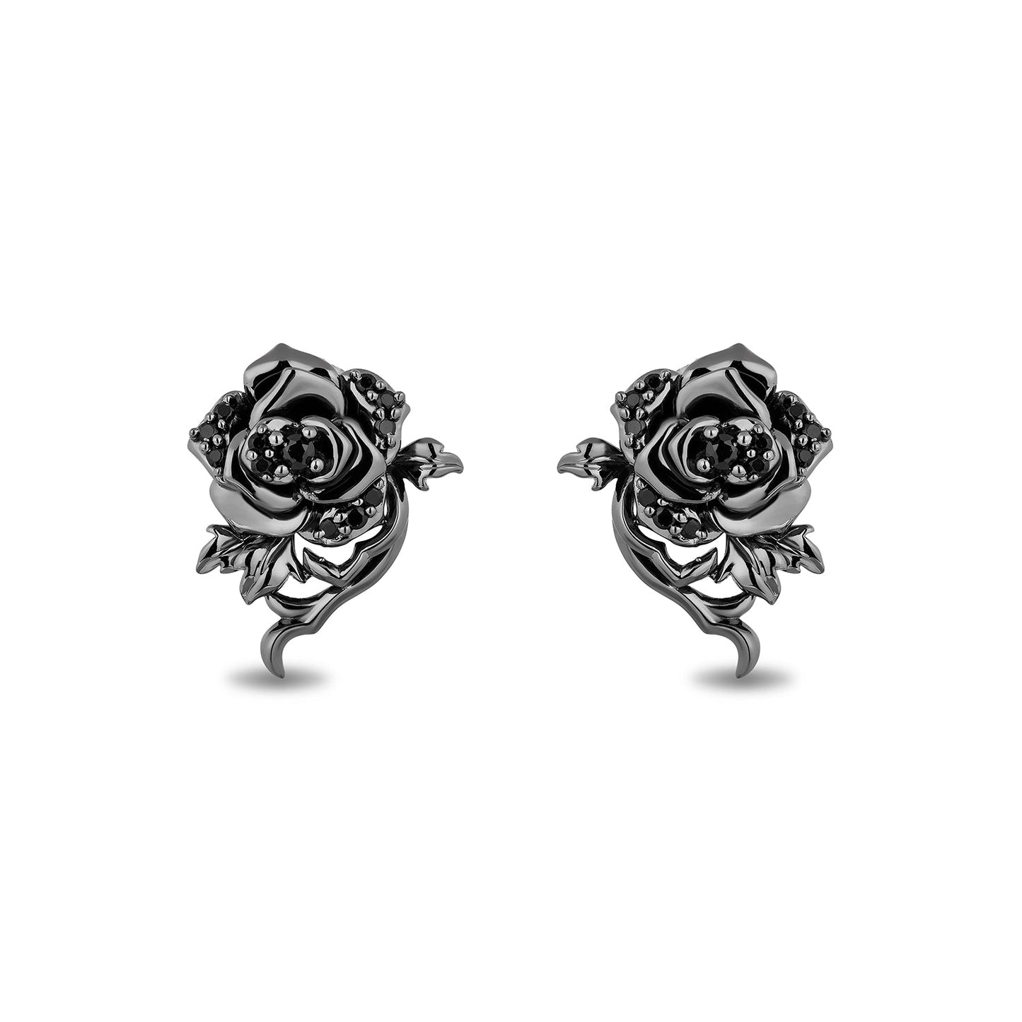 Enchanted Disney Fine Jewelry Black Rhodium Over Sterling Silver with 1/5 CTTW Black Diamonds Maleficent Rose Earrings