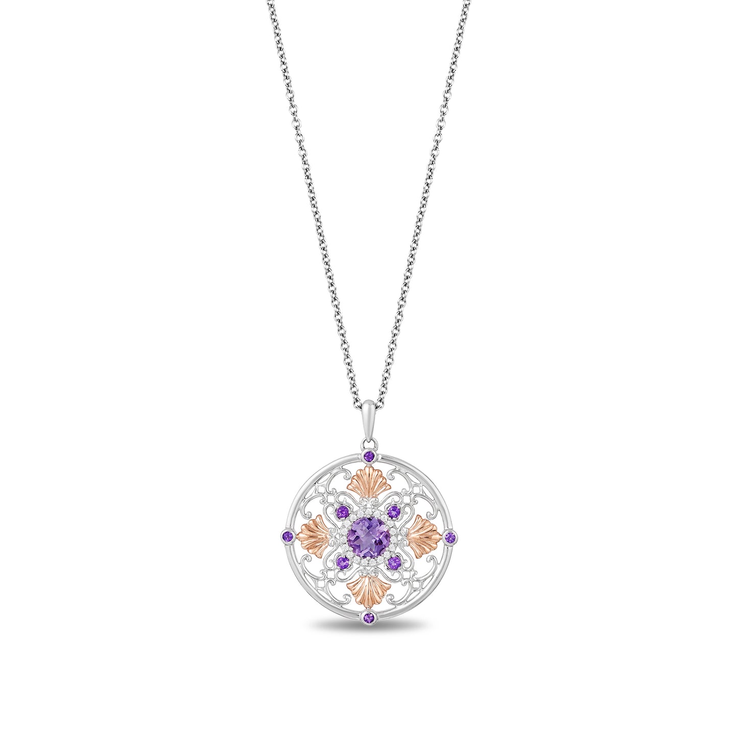 Enchanted Disney Fine Jewelry Sterling Silver and 10k Rose Gold with 1/10 CTTW Diamond and Amethyst Ariel Medallion Shell Pendant Necklace