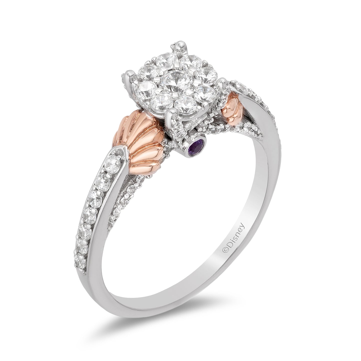 Enchanted Disney Fine Jewelry 14K White Gold and Rose Gold with 5/8 CTTW Diamond and Amethyst Ariel Shell Composite Engagement Ring