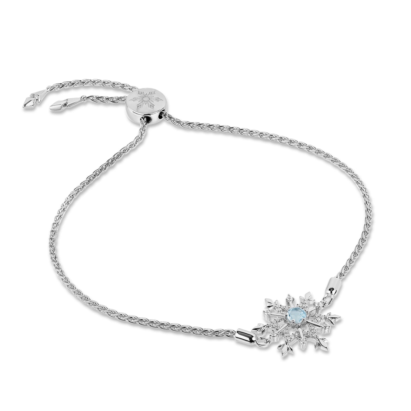 Enchanted Disney Fine Jewelry Sterling Silver with 1/6 CTTW Diamond and Aquamarine, Disney's Frozen Elsa Snowflake Bracelet