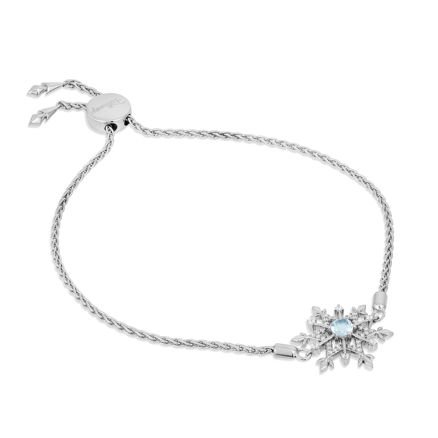 Enchanted Disney Fine Jewelry Sterling Silver with 1/6 CTTW Diamond and Aquamarine, Disney's Frozen Elsa Snowflake Bracelet