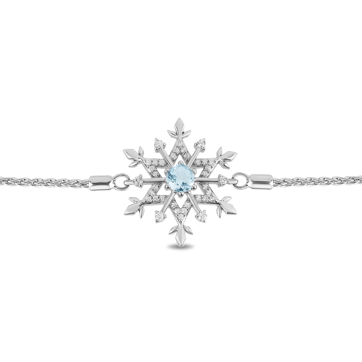 Enchanted Disney Fine Jewelry Sterling Silver with 1/6 CTTW Diamond and Aquamarine, Disney's Frozen Elsa Snowflake Bracelet