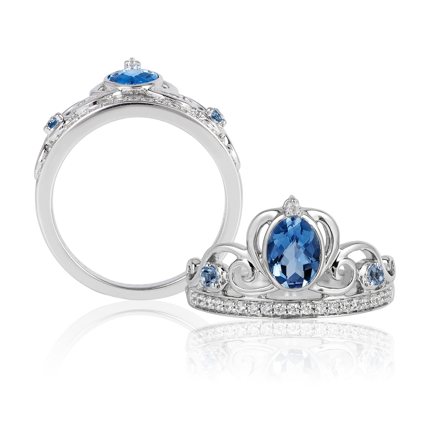 Enchanted Disney Fine Jewelry 14K White Gold with 1/8 CTTW Diamond and London Blue Topaz Cinderella Ring