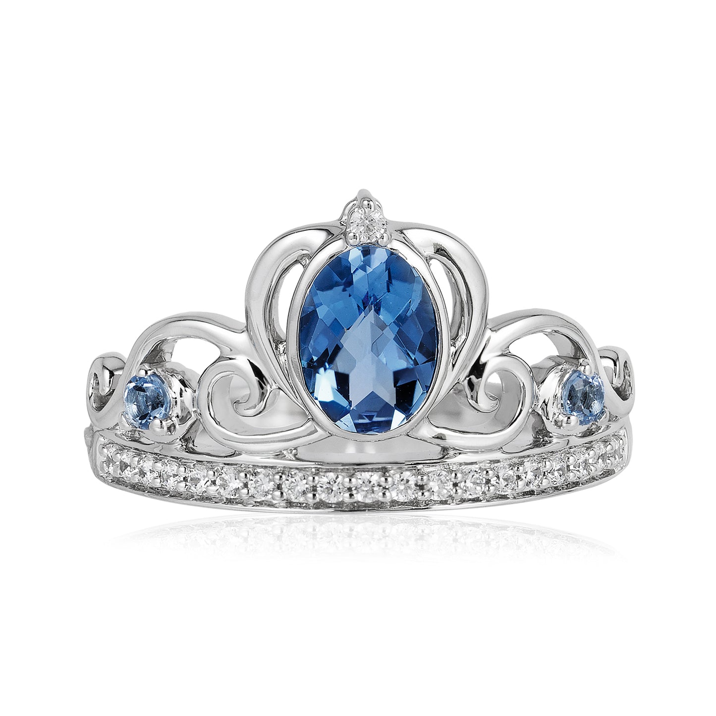 Enchanted Disney Fine Jewelry 14K White Gold with 1/8 CTTW Diamond and London Blue Topaz Cinderella Ring