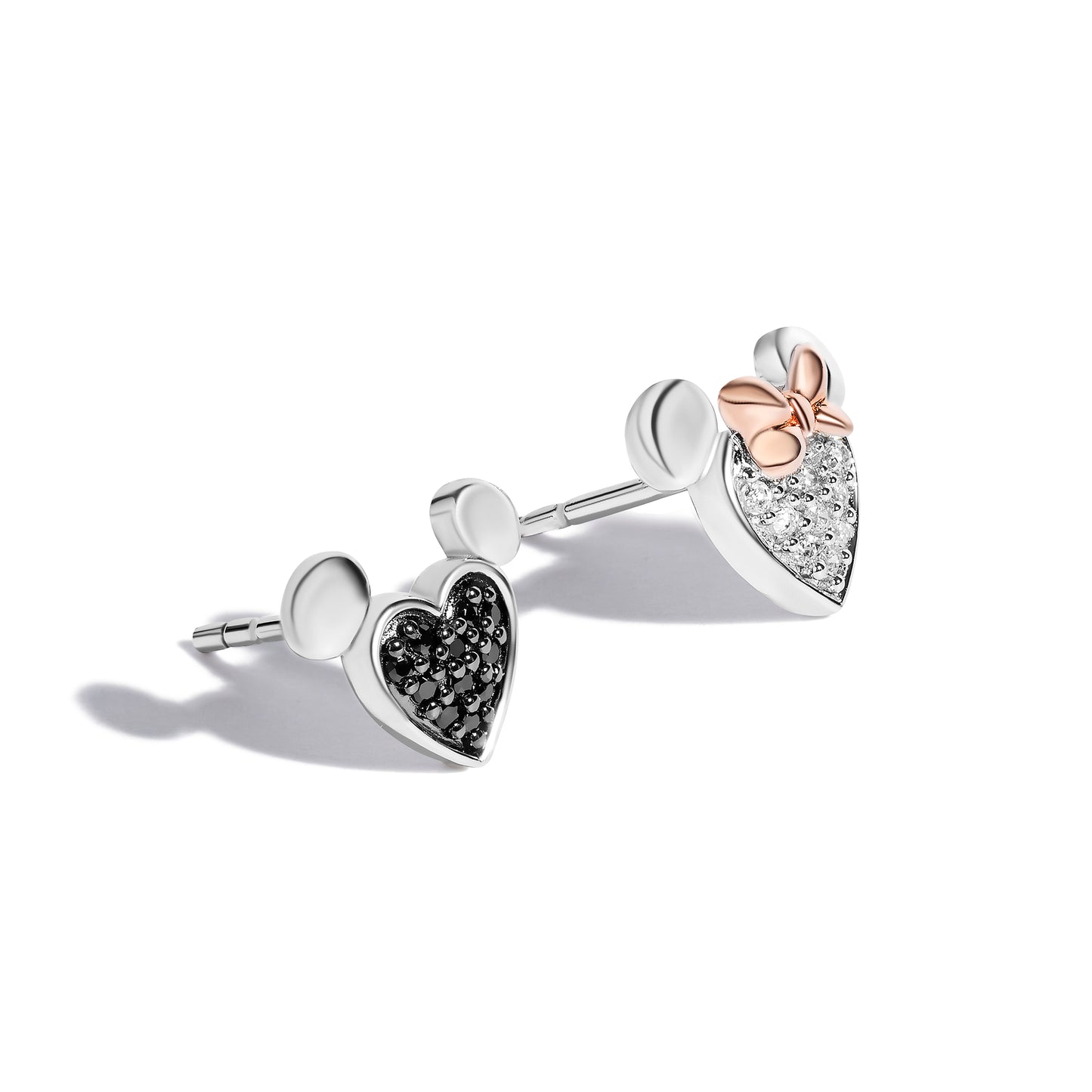 Disney Jewels 14K Rose Gold and Black Rhodium over Sterling Silver with 1/6 CTTW Black and White Diamonds, Disney's Mickey Mouse and Minnie Mouse Heart Stud Earrings