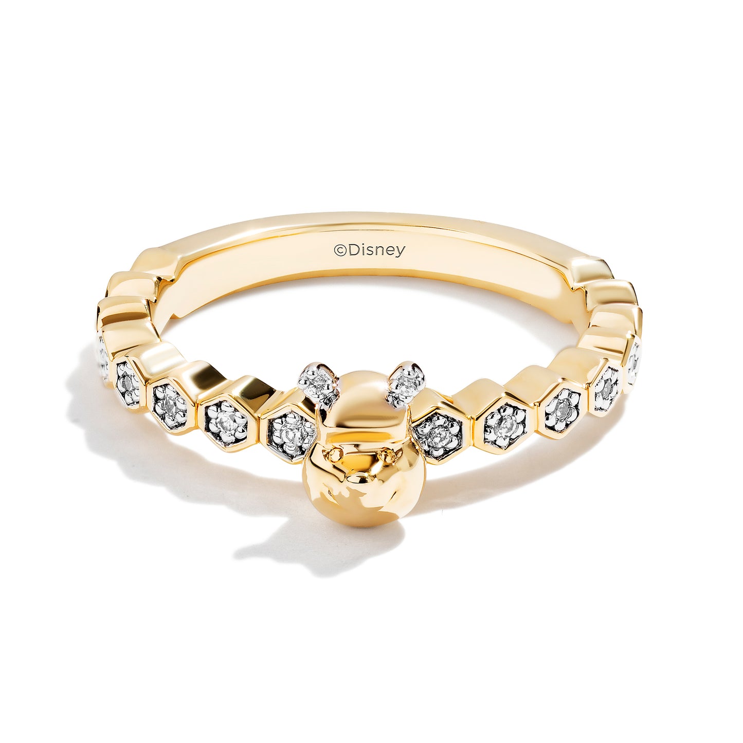 Disney Jewels 14K Yellow Gold over Sterling Silver with 1/12 CTTW Diamonds, Disney's Winnie The Pooh Honeycomb Stackable Ring