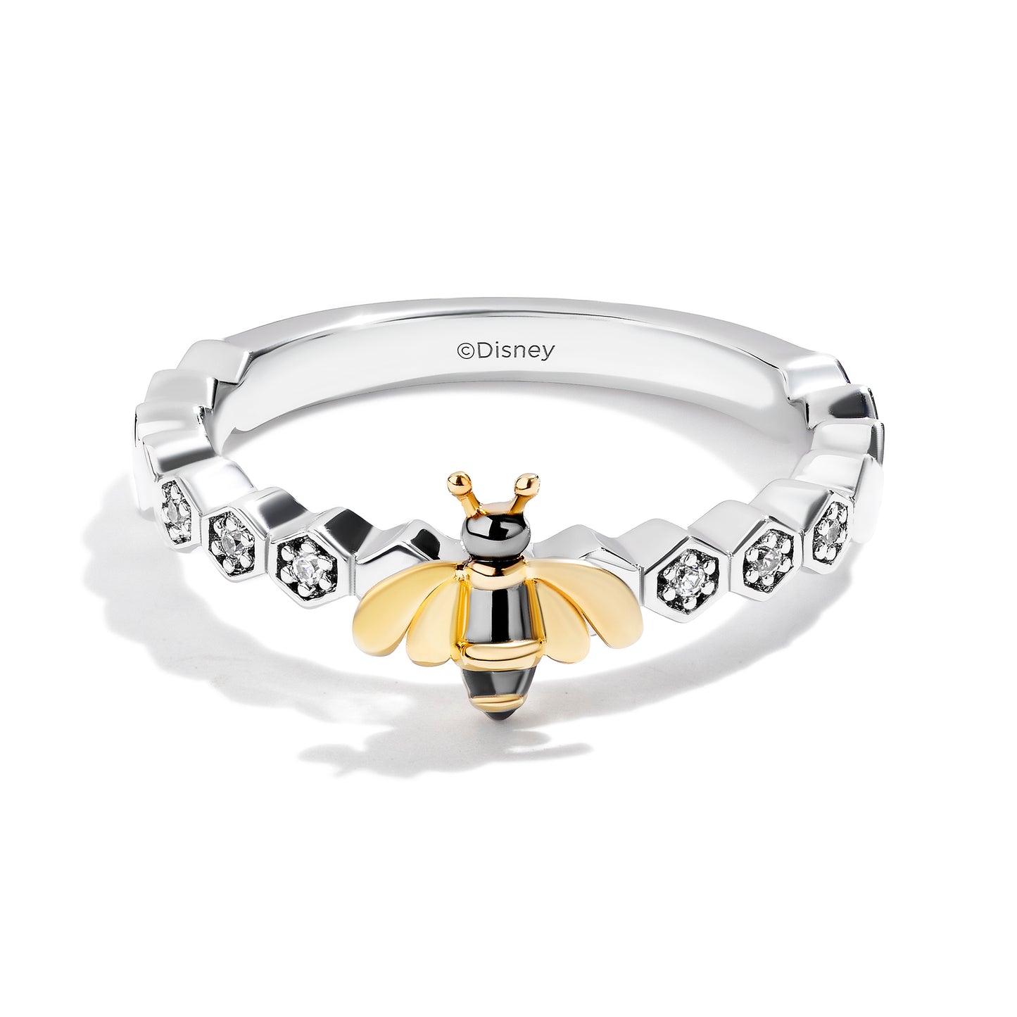 Disney Jewels 14K Yellow Gold and Black Rhodium over Sterling Silver with 1/12 CTTW Diamonds, Disney's Winnie The Pooh Honey Bee Stackable Ring