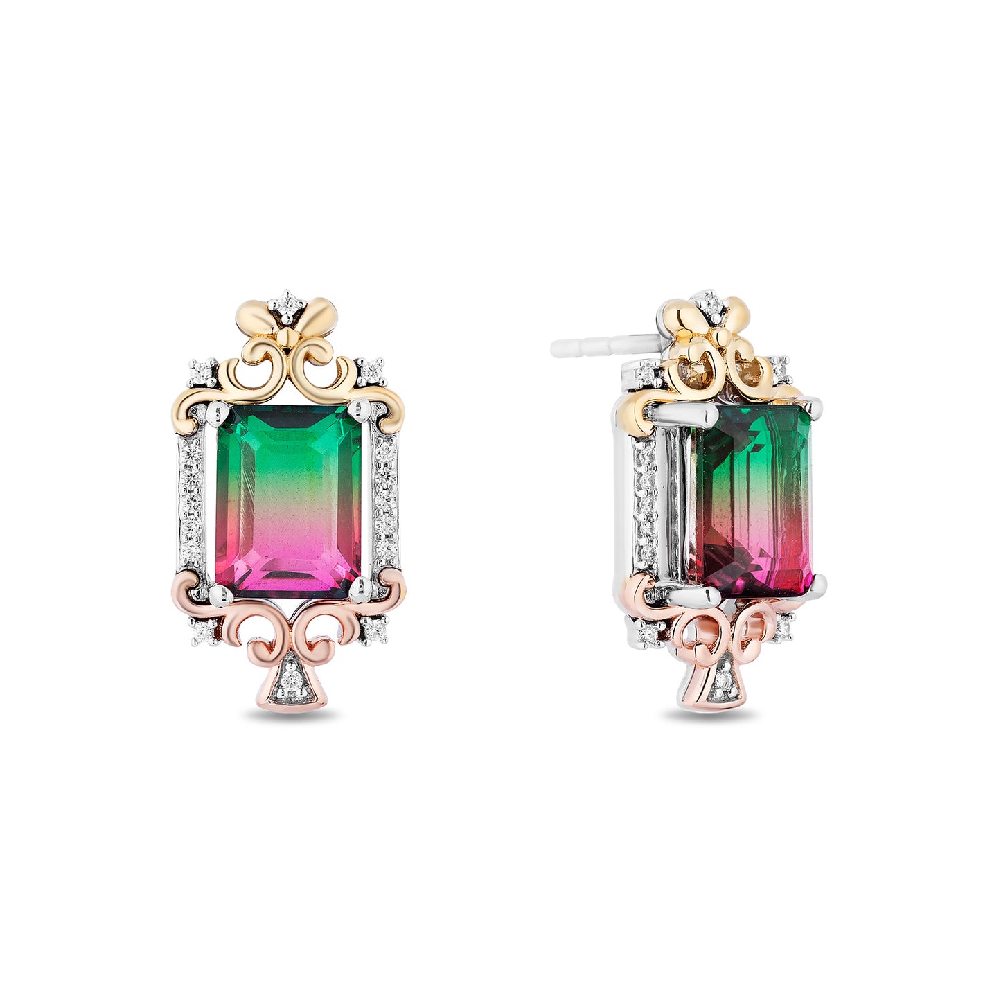 Enchanted Disney Fine Jewelry Sterling Silver, 10K Rose Gold and Yellow Gold with 1/10 CTTW Diamonds and Watermelon Quartz Cinderella Step Sister Earrings
