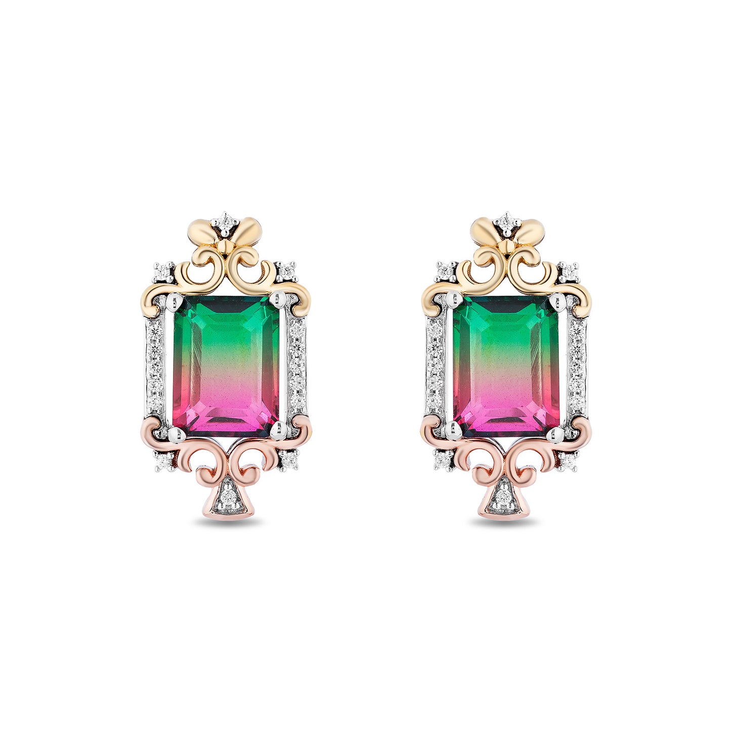 Enchanted Disney Fine Jewelry Sterling Silver, 10K Rose Gold and Yellow Gold with 1/10 CTTW Diamonds and Watermelon Quartz Cinderella Step Sister Earrings