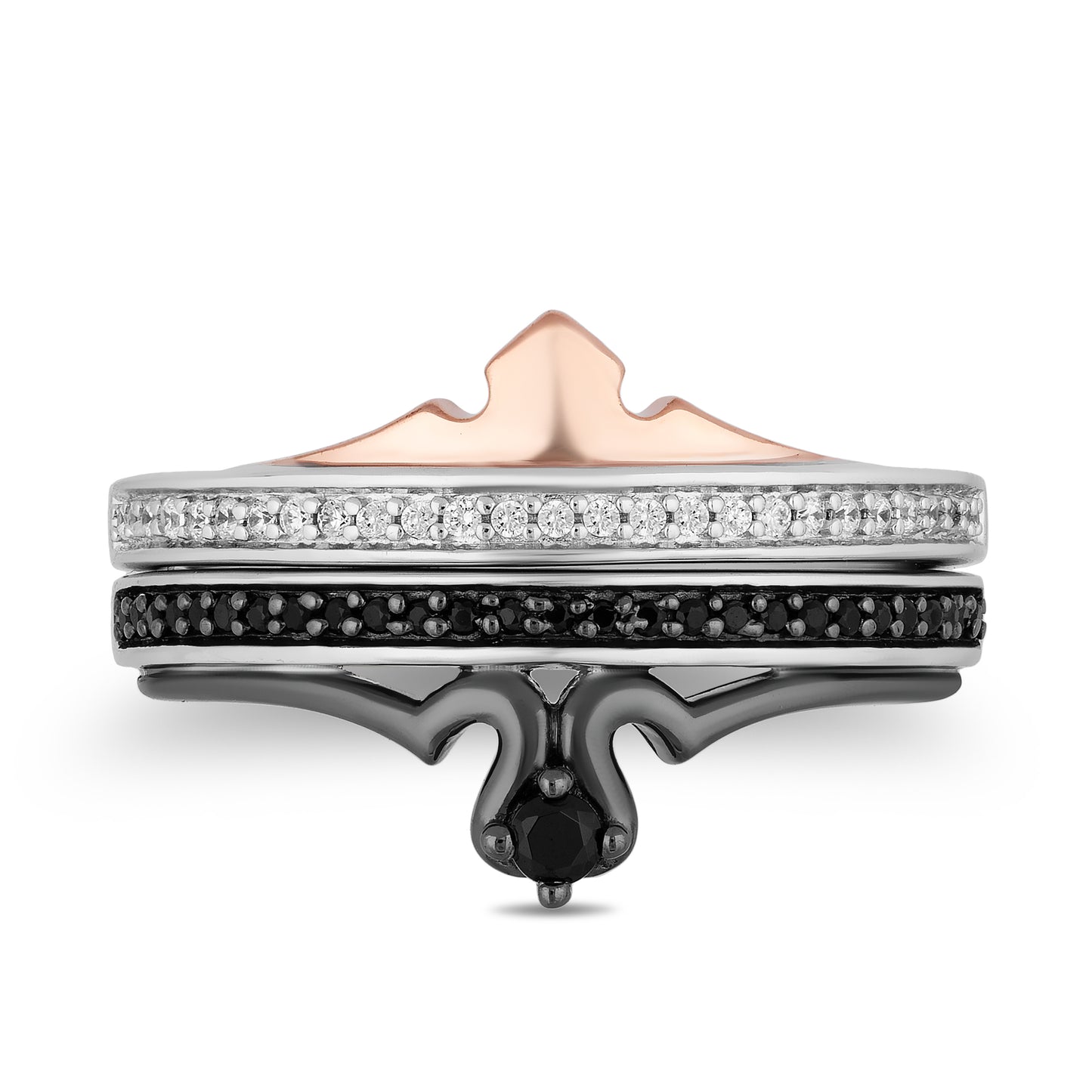 Enchanted Disney Fine Jewelry Black Rhodium and 14K Rose Gold Over Sterling Silver with 1/4 CTTW Black and White Diamond Maleficent Aurora Duo Ring