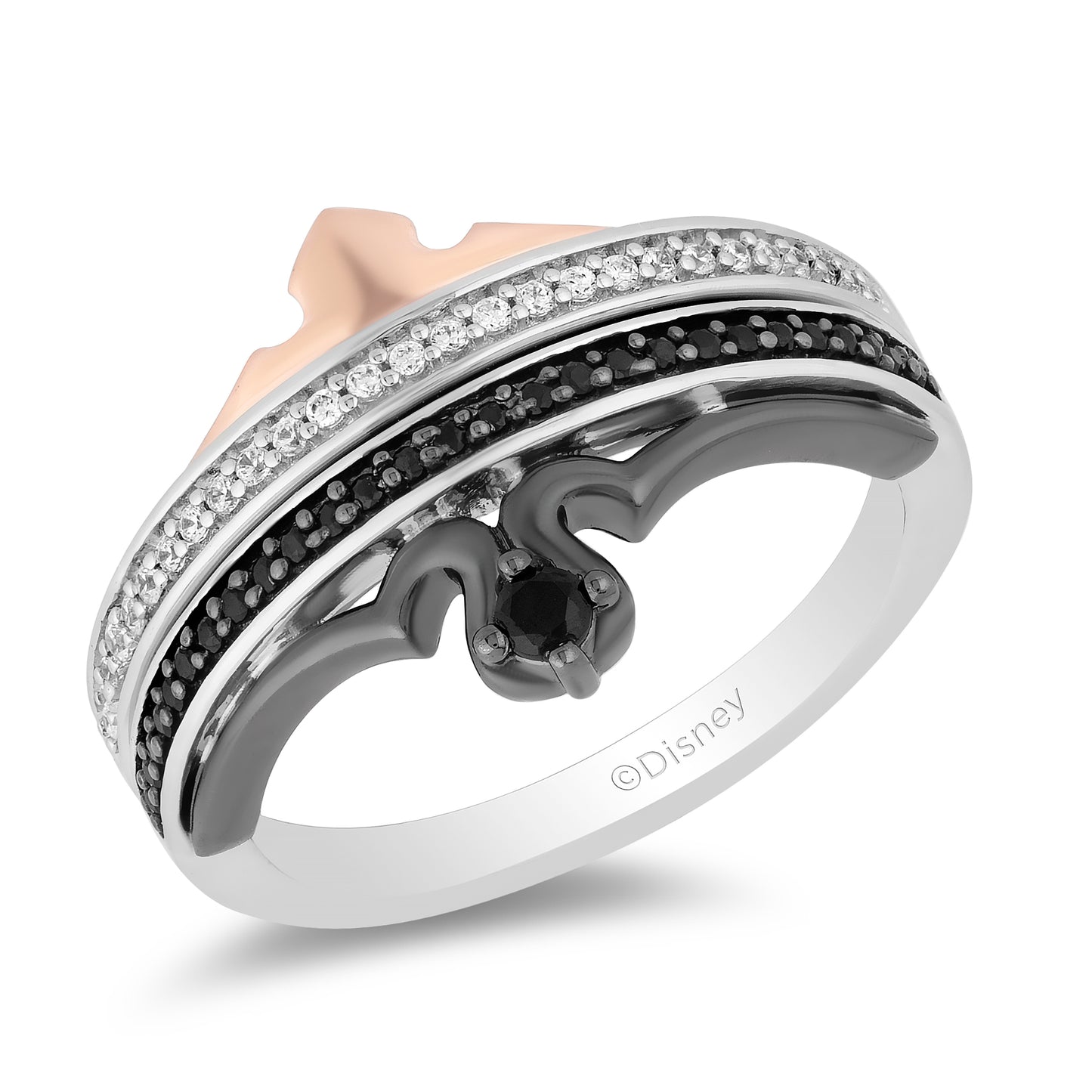 Enchanted Disney Fine Jewelry Black Rhodium and 14K Rose Gold Over Sterling Silver with 1/4 CTTW Black and White Diamond Maleficent Aurora Duo Ring