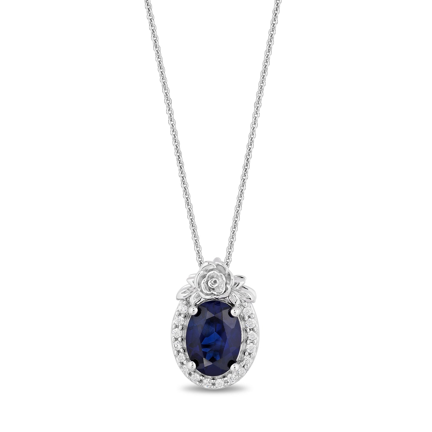 Enchanted Disney Fine Jewelry Sterling Silver with 1/10 CTTW Diamond and Lab Grown Blue Sapphire, Disney's Cinderella Necklace