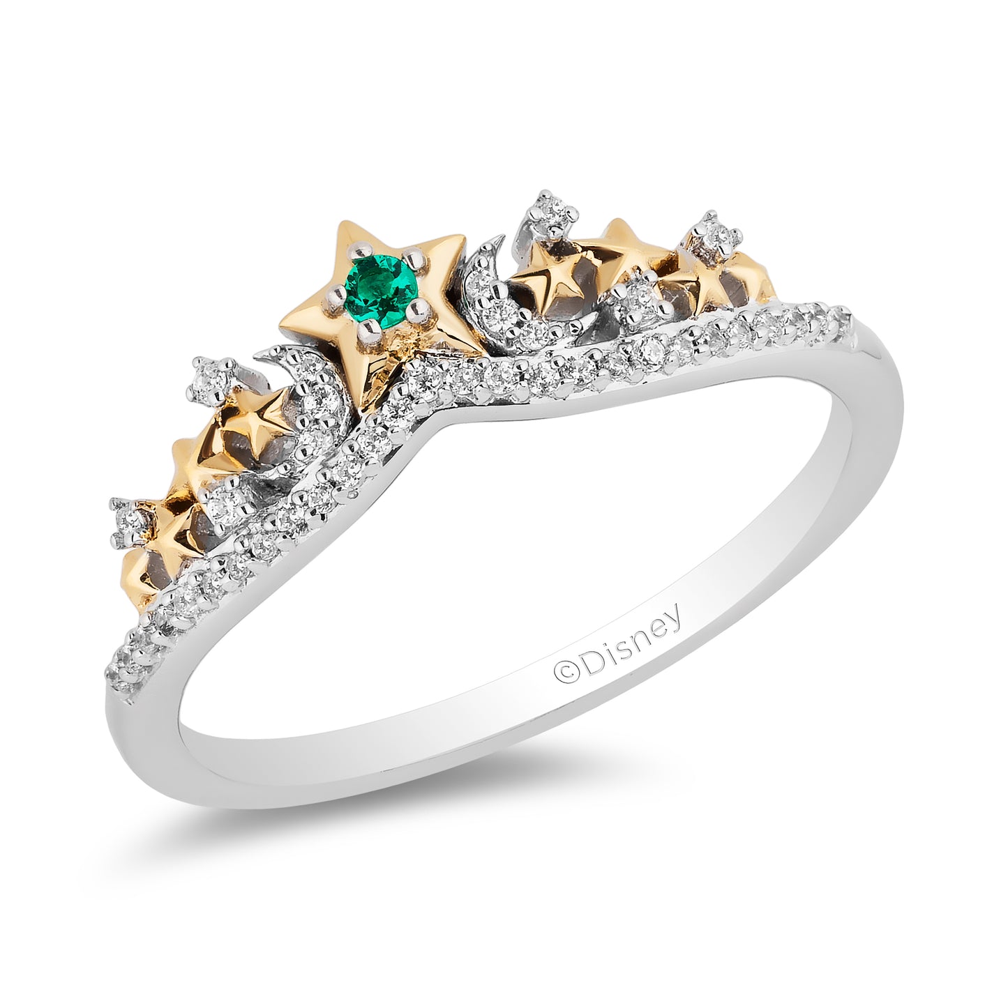 Enchanted Disney Fine Jewelry 14K Yellow Gold over Sterling Silver with 1/10 CTTW Diamonds and Emerald Tinker Bell Ring