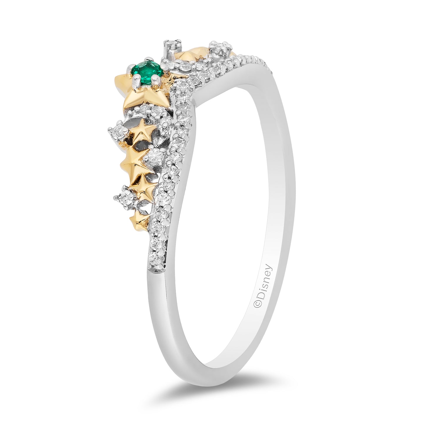 Enchanted Disney Fine Jewelry 14K Yellow Gold over Sterling Silver with 1/10 CTTW Diamonds and Emerald Tinker Bell Ring