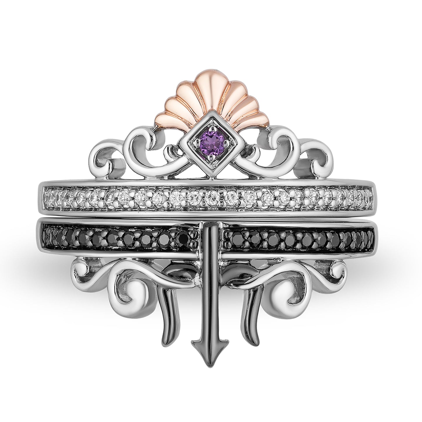 Enchanted Disney Fine Jewelry Black Rhodium and 14K Rose Gold Over Sterling Silver with 1/5 CTTW Diamonds and Amethyst Ariel Ursula Duo Ring