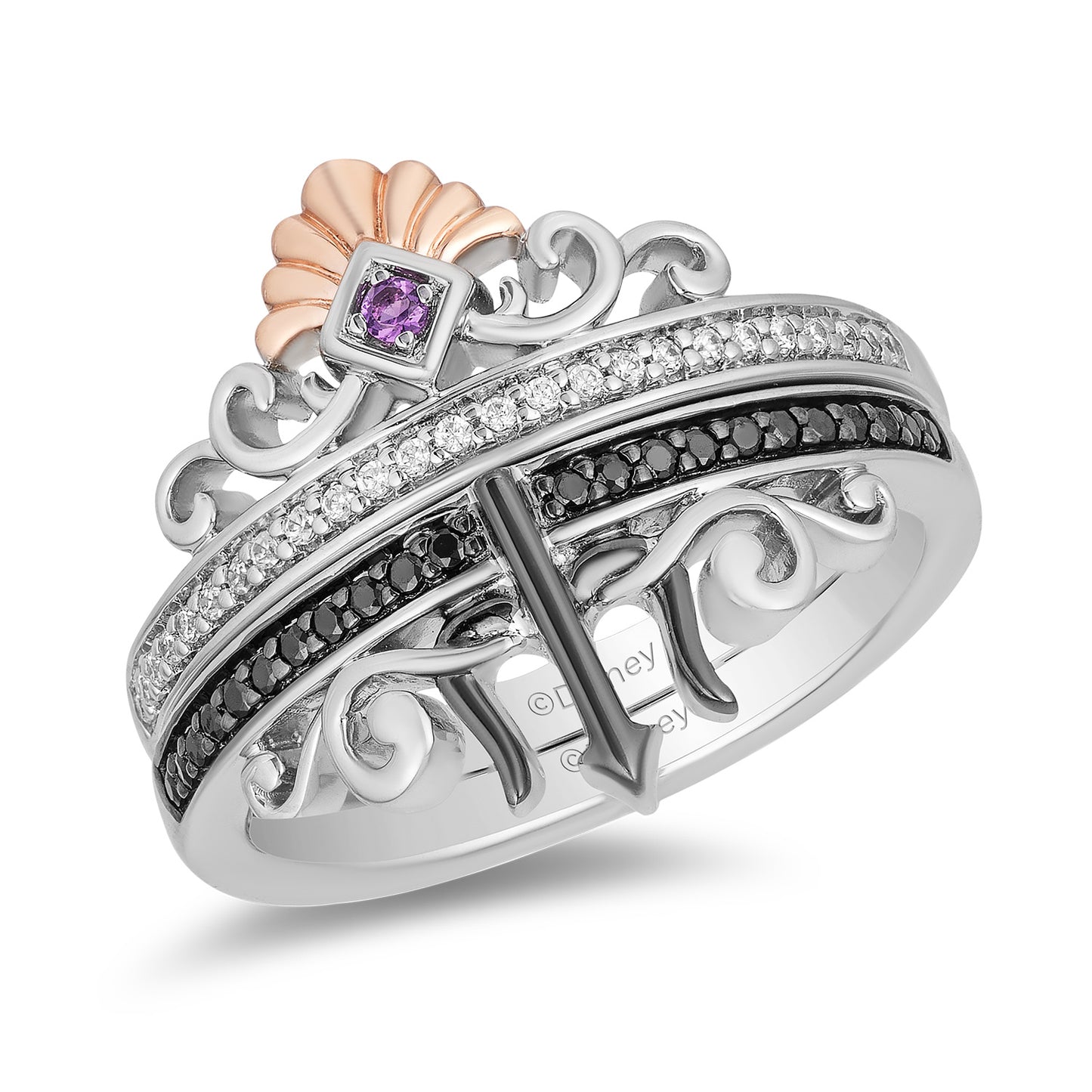 Enchanted Disney Fine Jewelry Black Rhodium and 14K Rose Gold Over Sterling Silver with 1/5 CTTW Diamonds and Amethyst Ariel Ursula Duo Ring