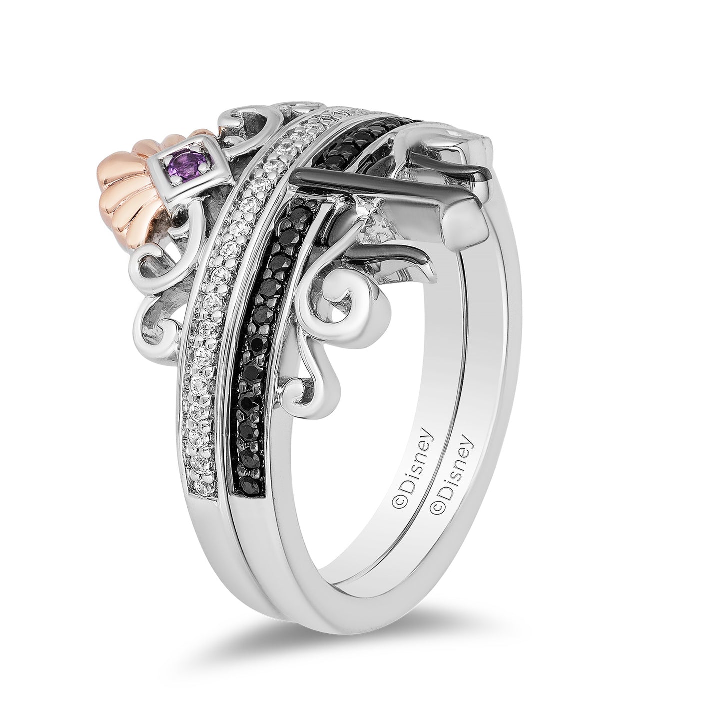 Enchanted Disney Fine Jewelry Black Rhodium and 14K Rose Gold Over Sterling Silver with 1/5 CTTW Diamonds and Amethyst Ariel Ursula Duo Ring