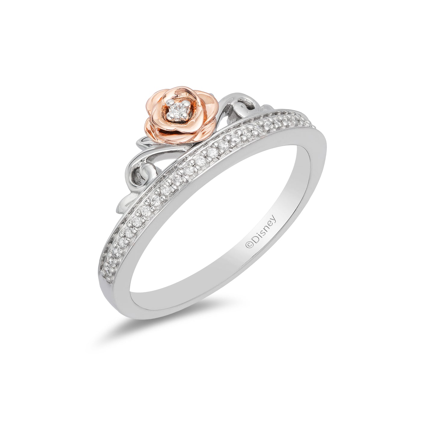 Enchanted Disney Fine Jewelry Sterling Silver and 10K Rose Gold with 1/10 CTTW Diamond Belle Ring