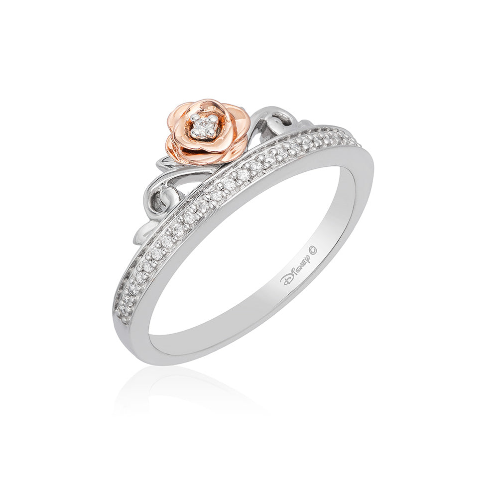 Enchanted Disney Fine Jewelry Sterling Silver and 10K Rose Gold with 1/10 CTTW Diamond Belle Ring