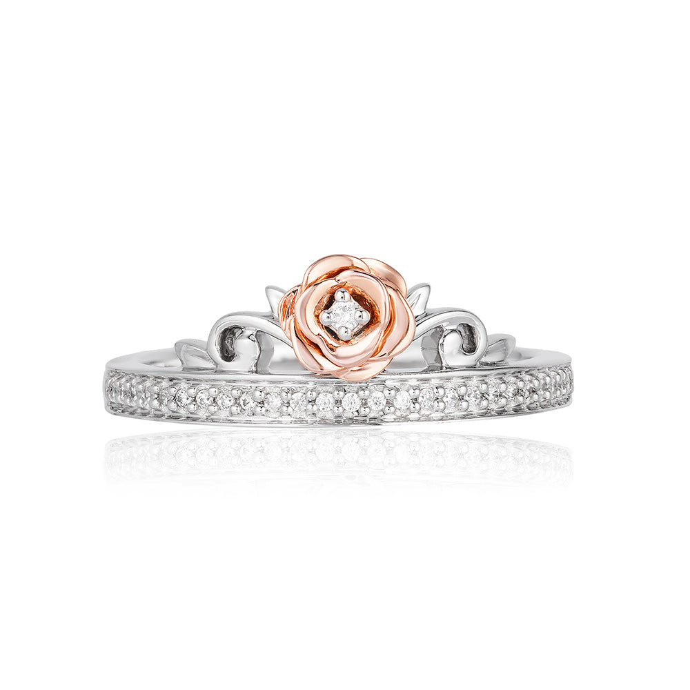 Enchanted Disney Fine Jewelry Sterling Silver and 10K Rose Gold with 1/10 CTTW Diamond Belle Ring
