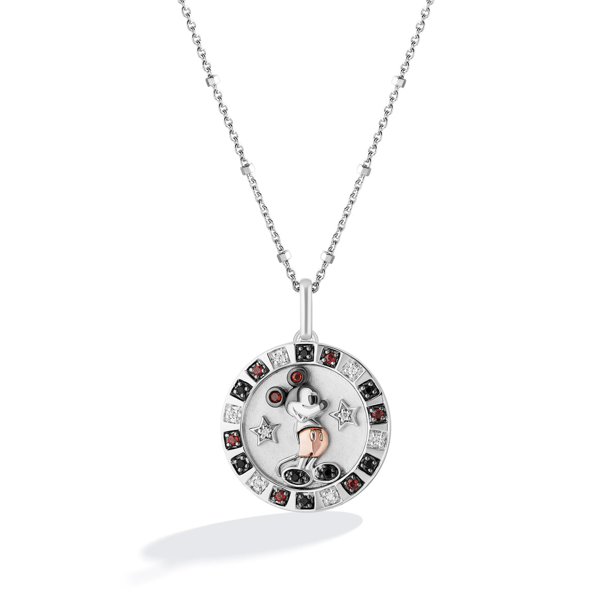 Disney Jewels 14K Rose Gold and Black Rhodium over Sterling Silver with 1/10 CTTW Diamonds, Enamel and Garnet, Disney's Mickey Mouse Medallion Necklace