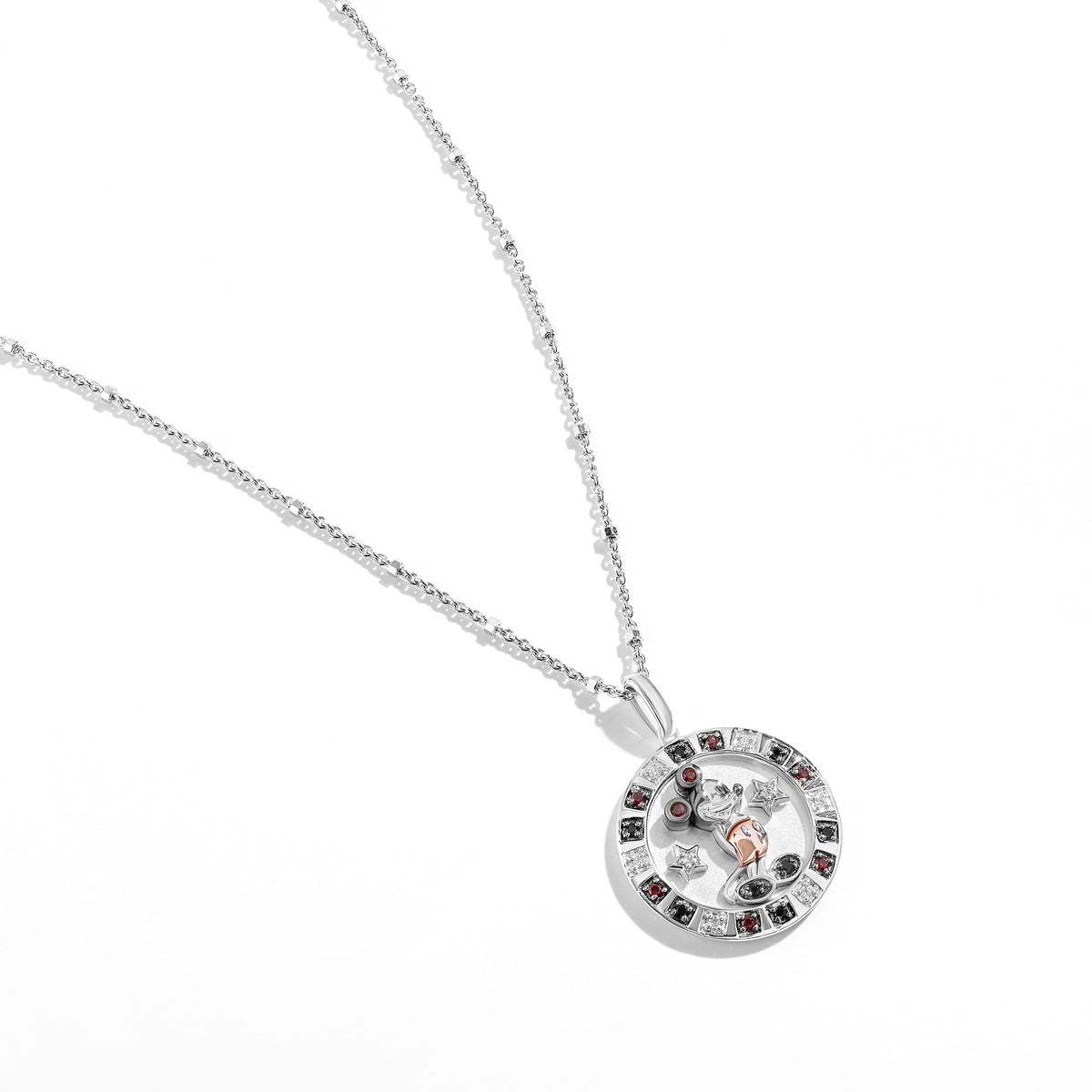 Disney Jewels 14K Rose Gold and Black Rhodium over Sterling Silver with 1/10 CTTW Diamonds, Enamel and Garnet, Disney's Mickey Mouse Medallion Necklace
