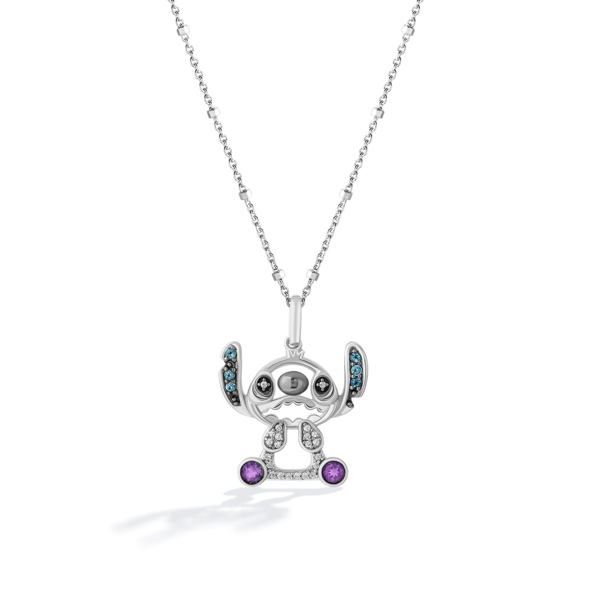 Disney Jewels Black Rhodium over Sterling Silver with 1/20 CTTW Diamonds, Amethyst and London Blue Topaz, Disney's Lilo And Stitch  Necklace