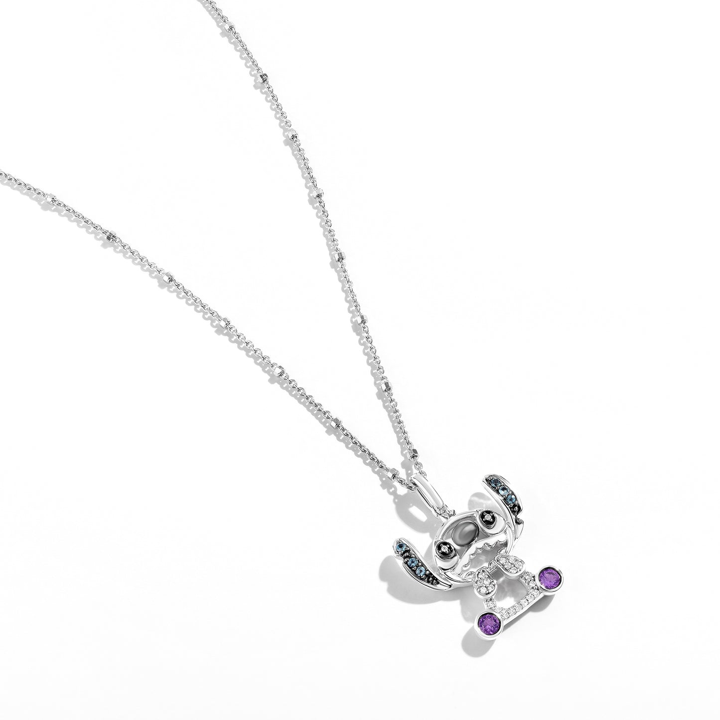 Disney Jewels Black Rhodium over Sterling Silver with 1/20 CTTW Diamonds, Amethyst and London Blue Topaz, Disney's Lilo And Stitch  Necklace