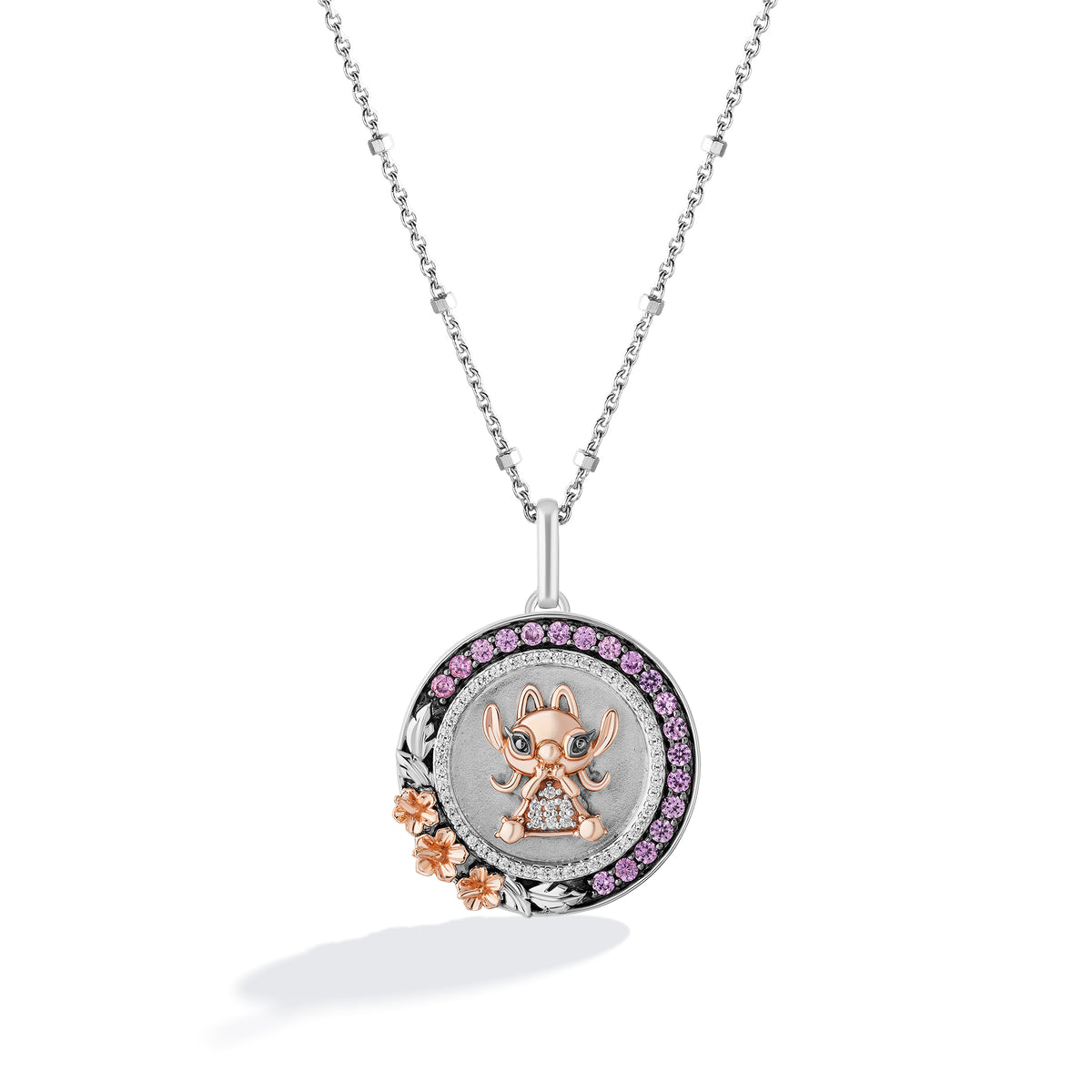 Disney Jewels 14K Rose Gold and Black Rhodium over Sterling Silver with 1/8 CTTW Diamonds and Cr. Pink Sapphire, Disney's Angel Medallion Necklace