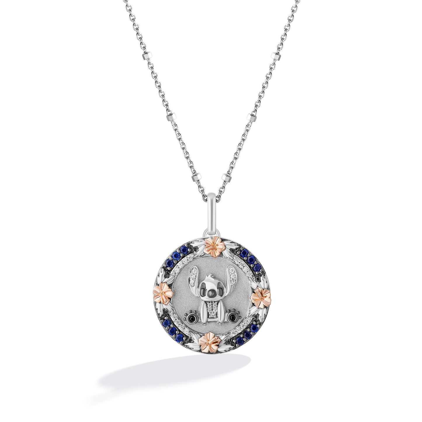 Disney Jewels 14K Rose Gold and Black Rhodium over Sterling Silver with 1/10 CTTW Diamonds and Cr. Blue Sapphire, Disney's Lilo And Stitch Medallion Necklace
