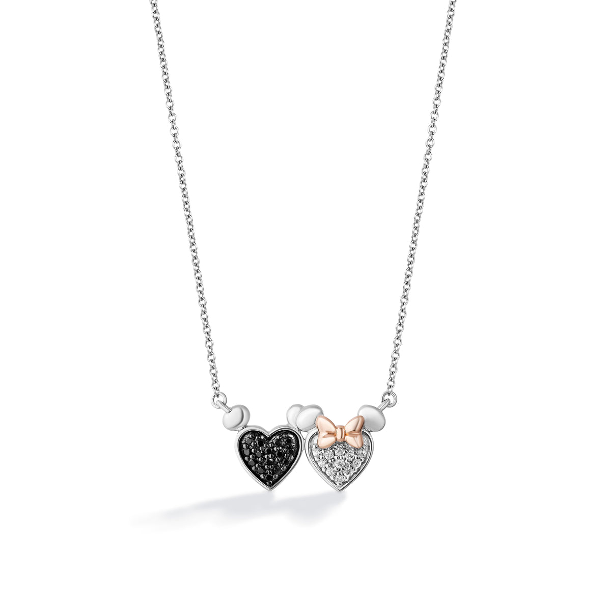 Disney Jewels 14K Rose Gold and Black Rhodium over Sterling Silver with 1/5 CTTW Black and White Diamonds, Disney's Mickey Mouse and Minnie Mouse Heart Necklace