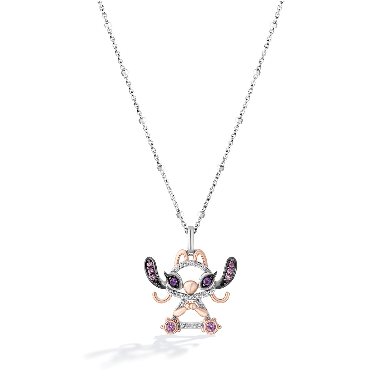 Disney Jewels 14K Rose Gold and Black Rhodium over Sterling Silver with 1/20 CTTW Diamonds, Cr. Pink Sapphire and Amethyst, Disney's Angel Necklace