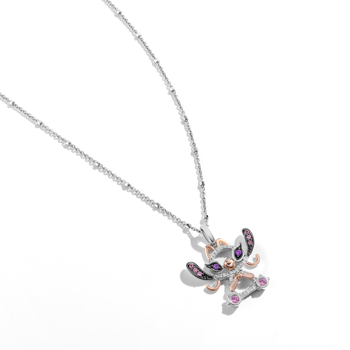 Disney Jewels 14K Rose Gold and Black Rhodium over Sterling Silver with 1/20 CTTW Diamonds, Cr. Pink Sapphire and Amethyst, Disney's Angel Necklace