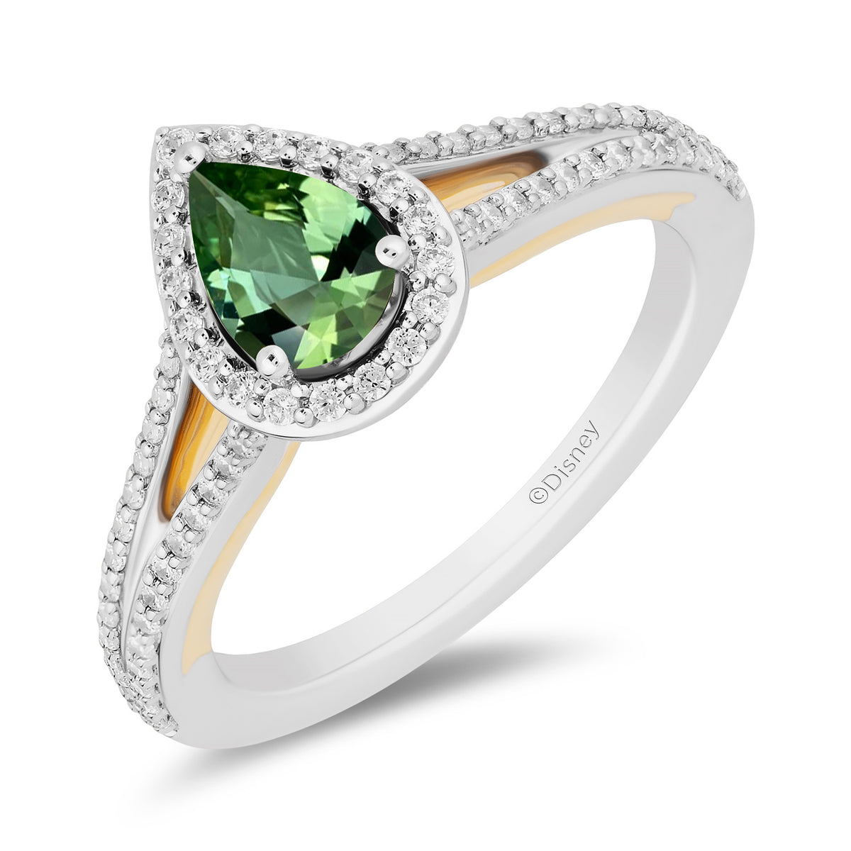 Enchanted Disney Fine Jewelry 14K White Gold and Yellow Gold with 3 8 CTTW Diamonds and Green Tourmaline Tinker Bell Engagement Ring