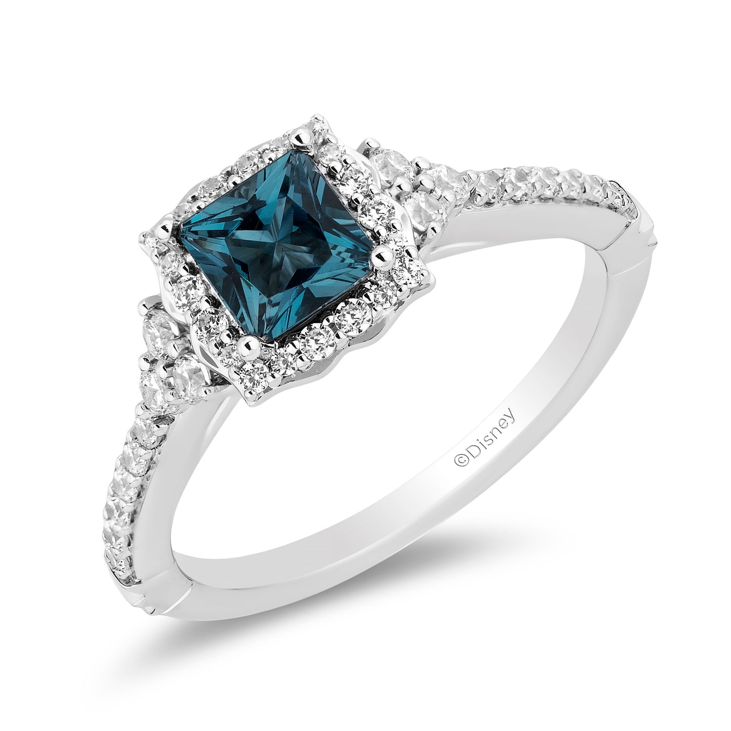 Enchanted Disney Fine Jewelry 14K White Gold with 3/8 CTTW Diamond and London Blue Topaz, Disney's Cinderella Engagement Ring