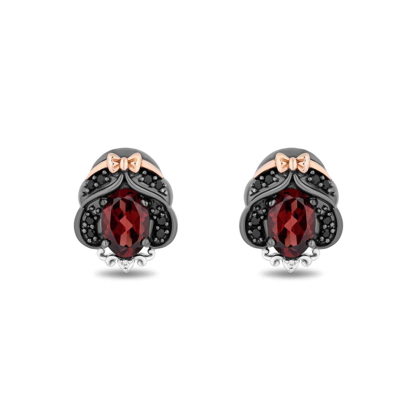 Enchanted Disney Fine Jewelry Black Rhodium Over Sterling Silver and 10K Rose Gold 1/7 CTTW White Diamond and Black diamond with Red Garnet Snow White Stud Earrings