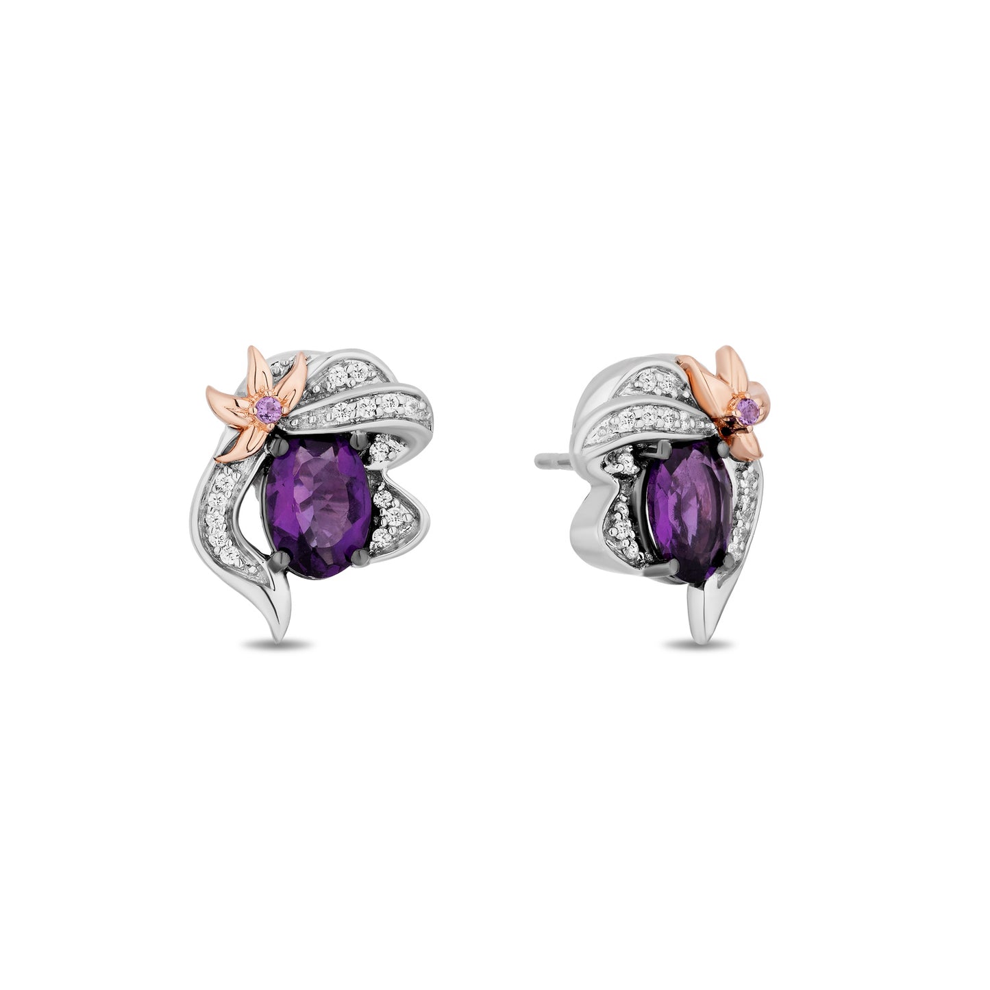 Enchanted Disney Fine Jewelry Sterling Silver and 10K Rose Gold with 1/10 CTTW White Diamond and Amethyst Ariel Stud Earrings