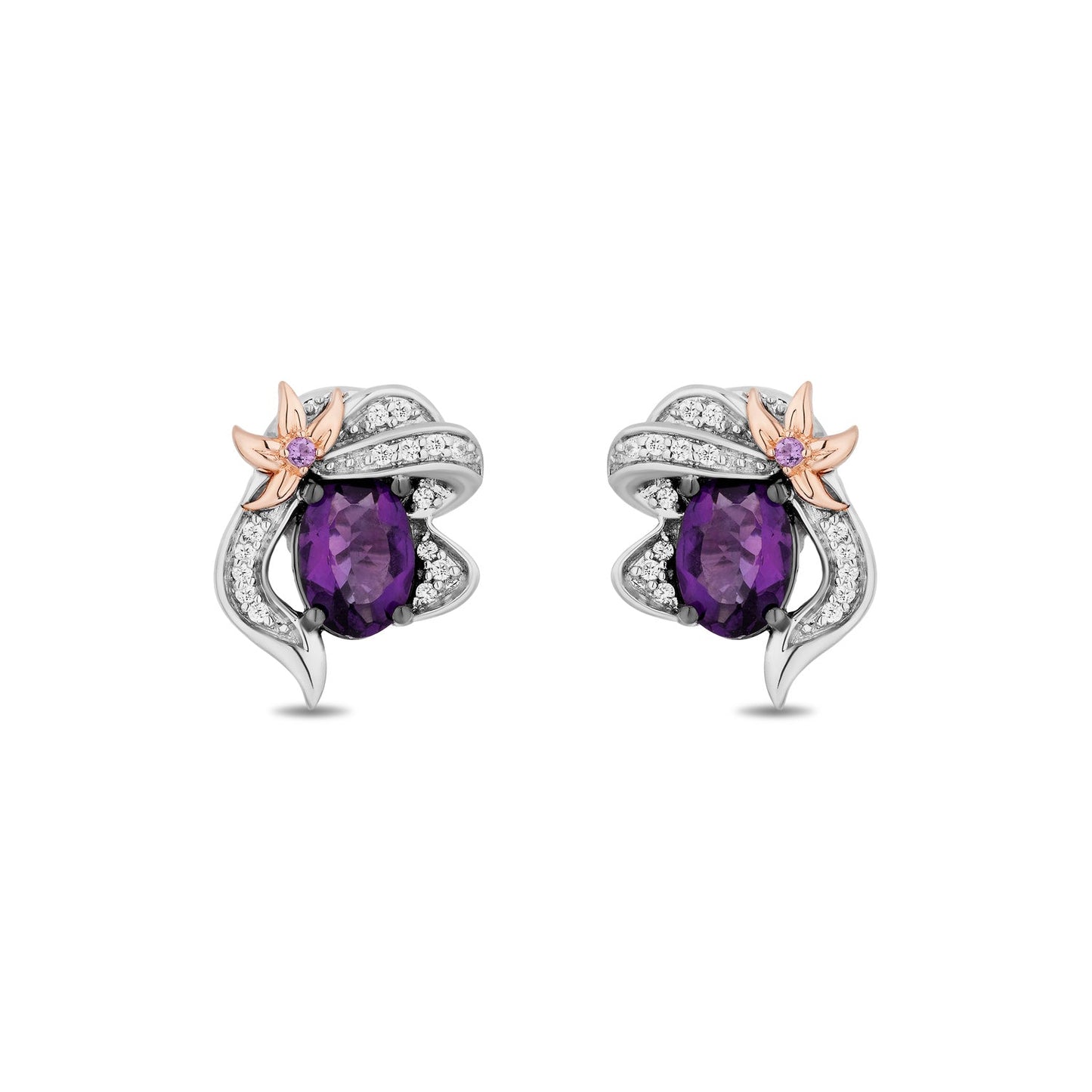 Enchanted Disney Fine Jewelry Sterling Silver and 10K Rose Gold with 1/10 CTTW White Diamond and Amethyst Ariel Stud Earrings