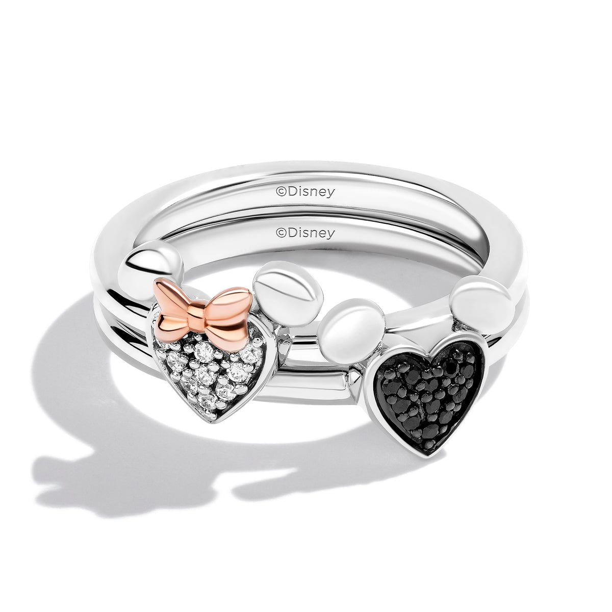 Disney Jewels 14K Rose Gold and Black Rhodium over Sterling Silver with 1/6 CTTW Black and White Diamonds, Disney's Mickey Mouse and Minnie Mouse Heart Stacklable Ring
