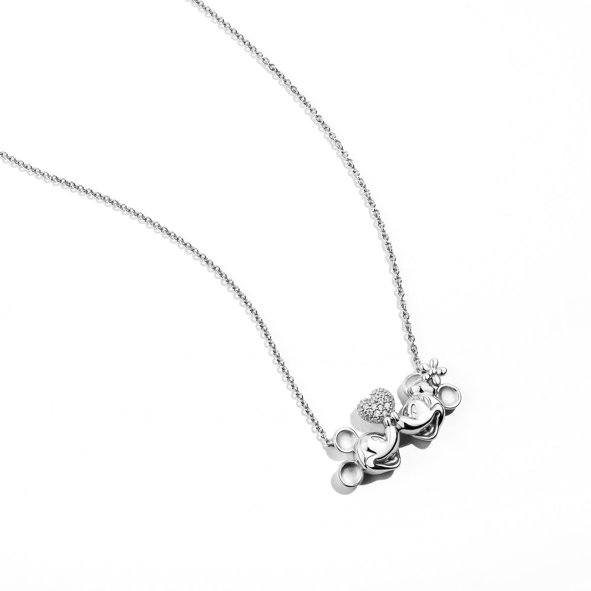 Disney Jewels Sterling Silver with 1/5 CTTW Diamonds, Disney's Mickey Mouse and Minnie Mouse Heart Necklace