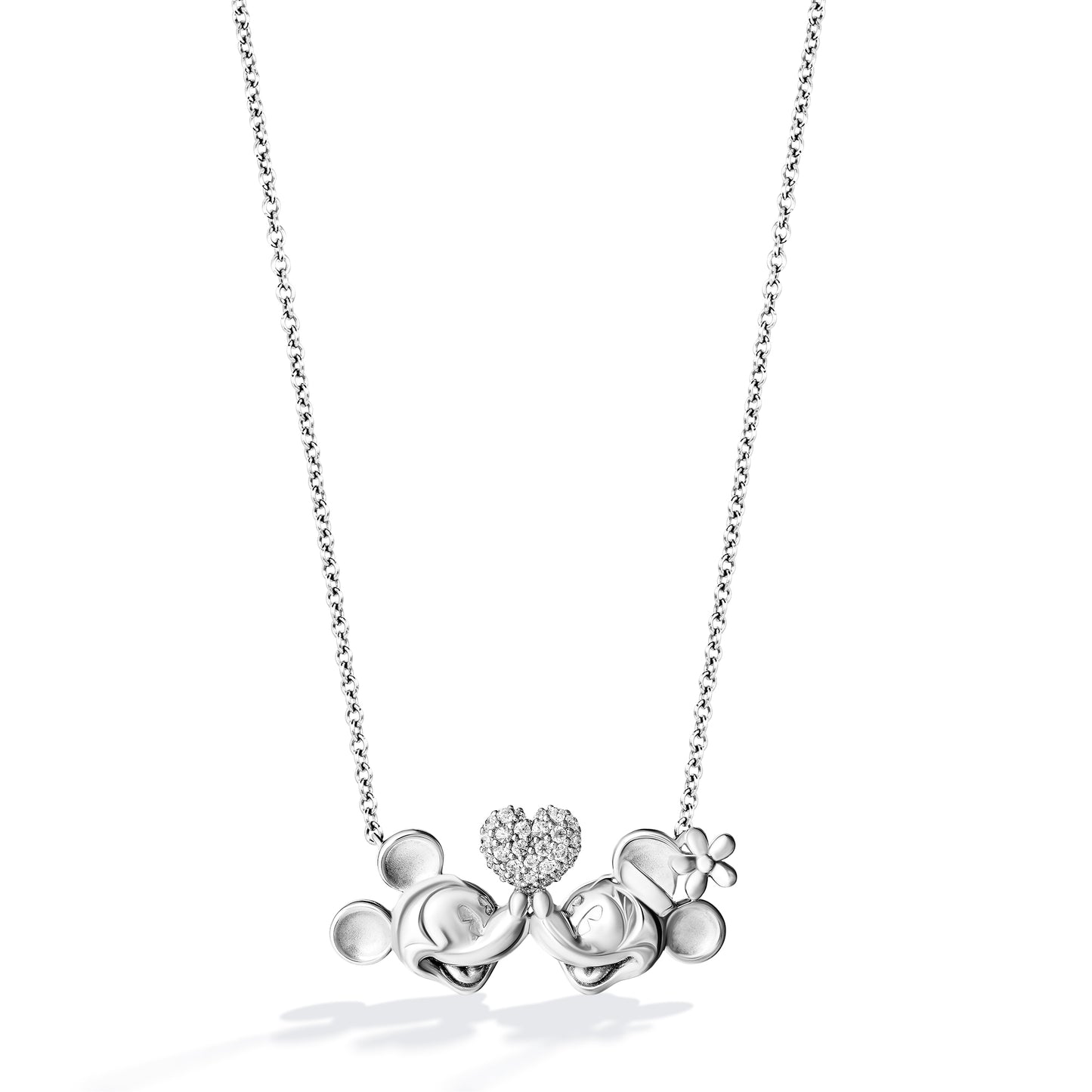 Disney Jewels Sterling Silver with 1/5 CTTW Diamonds, Disney's Mickey Mouse and Minnie Mouse Heart Necklace