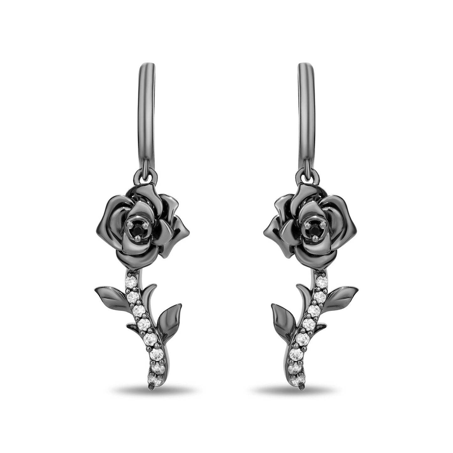 Enchanted Disney Fine Jewelry Black Rhodium Over Sterling Silver with 1/8 CTTW Black and White Diamond Maleficent Rose Earrings