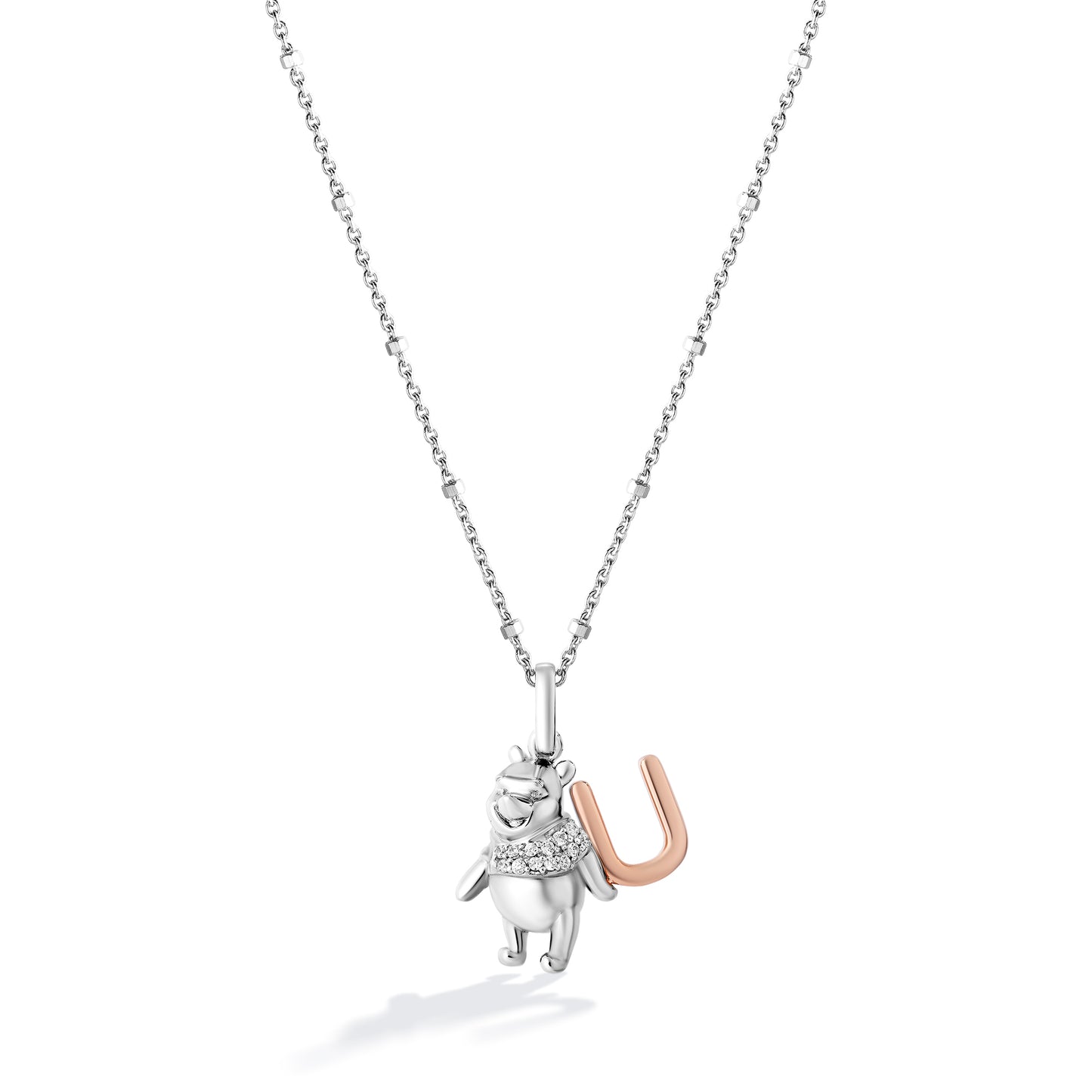 Disney Jewels 14K Rose Gold over Sterling Silver with 1/20 CTTW Diamonds Alphabet 'U' Disney's Winnie The Pooh Necklace