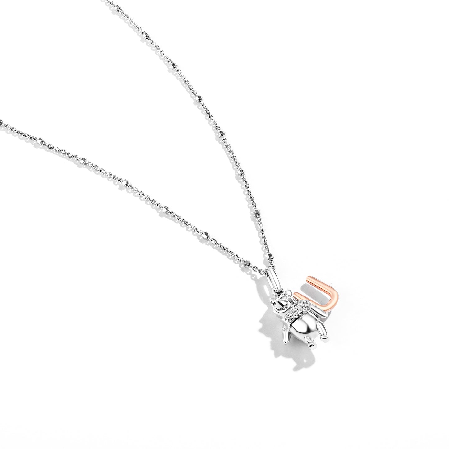 Disney Jewels 14K Rose Gold over Sterling Silver with 1/20 CTTW Diamonds Alphabet 'U' Disney's Winnie The Pooh Necklace