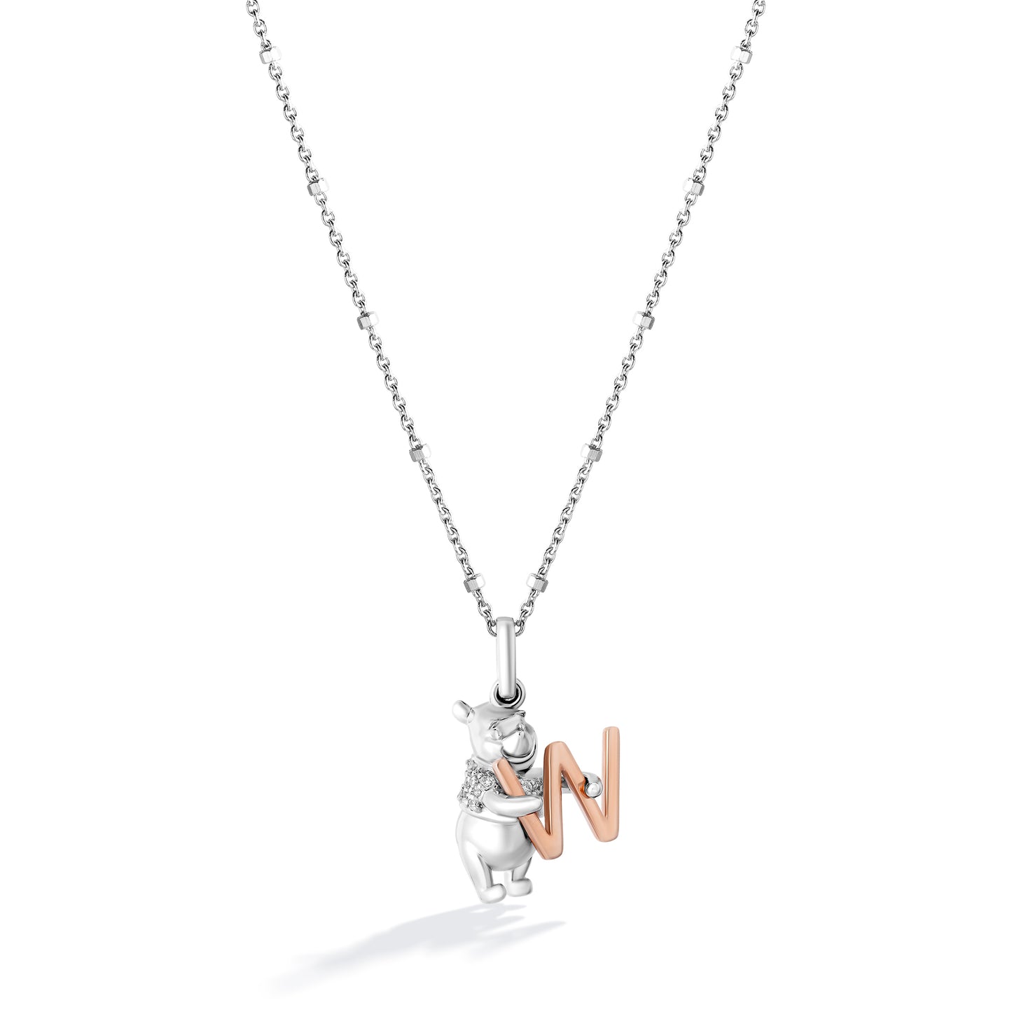 Disney Jewels 14K Rose Gold over Sterling Silver with 1/20 CTTW Diamonds Alphabet 'W' Disney's Winnie The Pooh Necklace