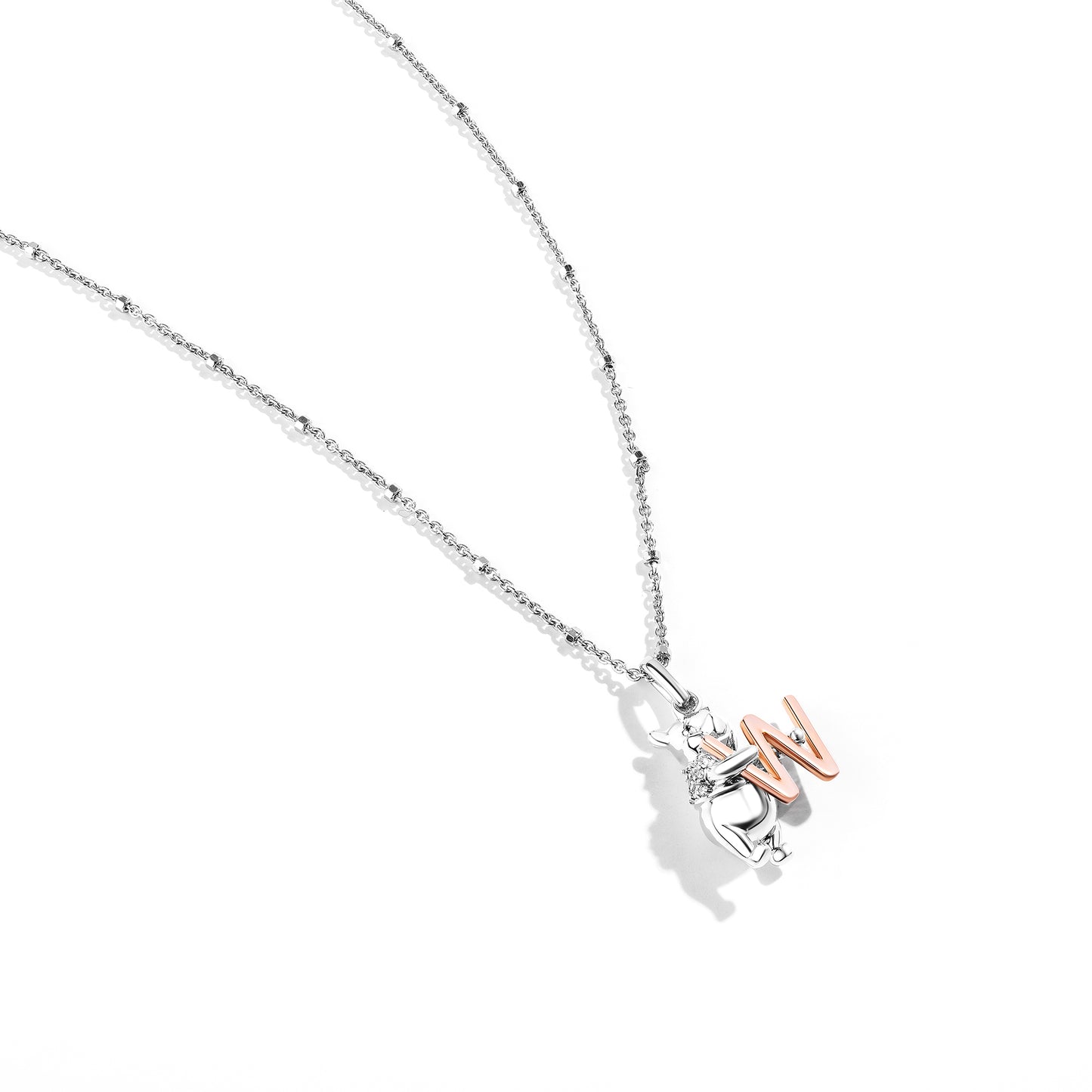 Disney Jewels 14K Rose Gold over Sterling Silver with 1/20 CTTW Diamonds Alphabet 'W' Disney's Winnie The Pooh Necklace