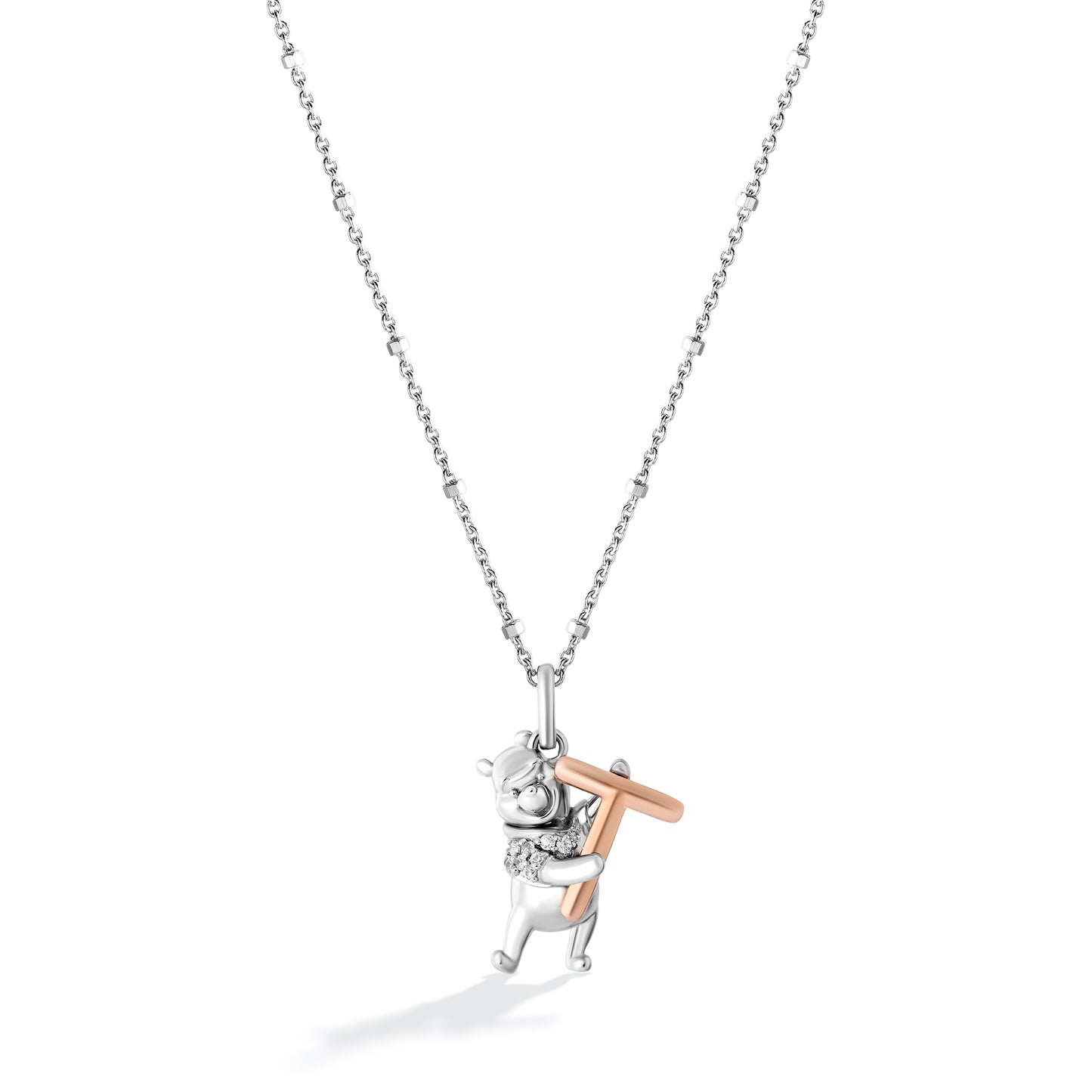 Disney Jewels 14K Rose Gold over Sterling Silver with 1/20 CTTW Diamonds Alphabet 'T' Disney's Winnie The Pooh Necklace