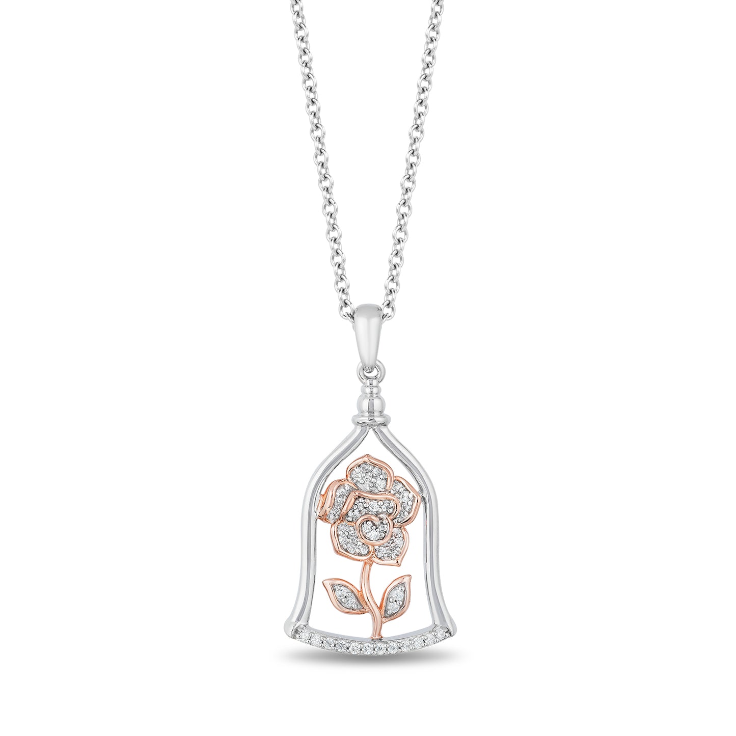 Enchanted Disney Fine Jewelry 14K Rose Gold Over Sterling Silver with 1/10 CTTW Diamonds Belle Rose Jar Pendant Necklace